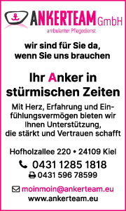 Werbebanner für ambulante Krankenpflege in Kiel mit Logo und Serviceangebot in Hausbesuchssituation.