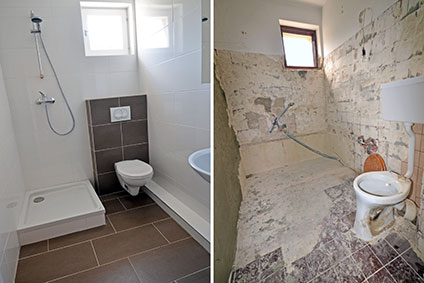 Vorher und Nachher Bild eines kleines Badezimmers.