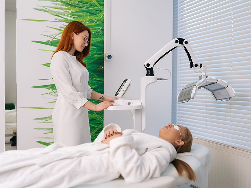 Hautärztin trägt Photosensibilisator auf Haut einer Patientin auf – Photodynamische Therapie in Eutin.