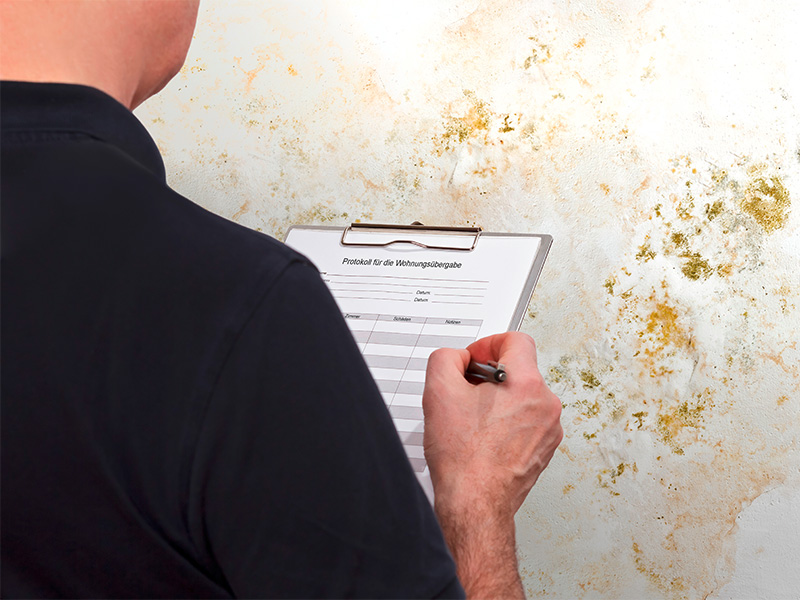 Mann mit Checkliste dokumentiert Schimmelpilzbefall an feuchter Wand und prüft Schäden sowie Ursachen im Innenraum.