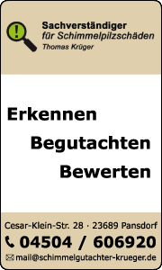Banner von Schimmelsachverständiger Krüger aus Pansdorf mit Kontaktdaten und Leistungen zur professionellen Schimmelpilzbeseitigung, Schimmelanalyse und Schimmelgutachten in Kiel und Umgebung
