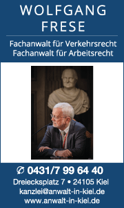 Banner zeigt Kontaktdaten und Leistungen eines erfahrenen Verkehrsanwalts in Kiel, inklusive Beratung zu Unfällen und Schadensregulierung.